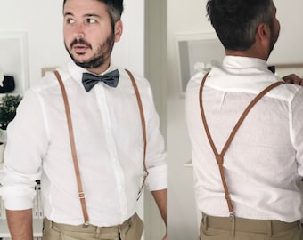 Men's tan brown leather look thin suspenders with optional navy blue floral bow tie set