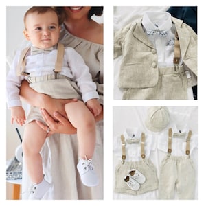 Boys white linen shirt, beige linen shorts or pants and suspenders and matching bow tie baptism christening outfit optional shoes, cap,bunny