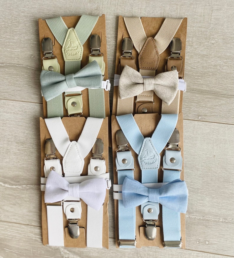 Baby and childrens suspenders and bow ties In Brown, Blue, green, white, Beige, black and optional suspenders set image 3