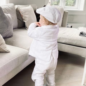 Baby boys white linen flat hat cap sizes 000-6 for baptism christening image 3