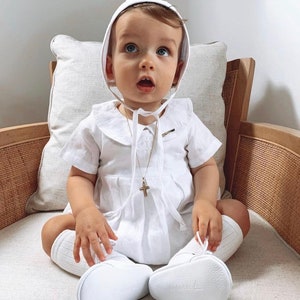 Linen Baptism peter pan collar romper outfit with optional embroidery customisation image 3