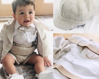 Boys white linen shirt, beige linen shorts and suspenders and matching bow tie baptism christening outfit optional Shoes,cap,jacket