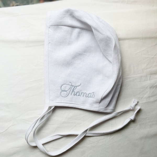 Baby white linen cap/bonnet for baptism christening optional customised name embroidery