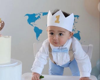 Boys blue and white Baptism birthday wedding outfit with white linen shirt, blue pants, white suspenders, bow tie and optional jacket, cap,