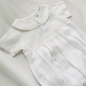 Linen Baptism peter pan collar romper outfit with optional embroidery customisation image 6