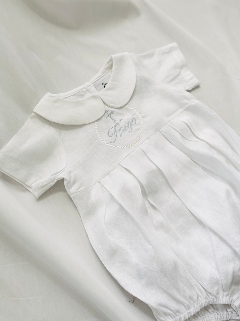 Linen Baptism peter pan collar romper outfit with optional embroidery customisation image 6