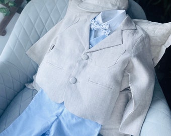 Boys pale blue vest, white linen shirt, white or beige pants/shorts, suspenders and bow tie baptism outfit optional jacket shoes caps