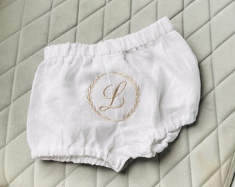 Baby and Toddler Bloomers in white linen or grey linen, optional suspenders