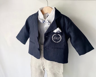 Boys complete Baptism suit, beige pants, or shorts, suspenders, shirt, bow tie and optional blazer, Shoes, cap, bunny rabbit