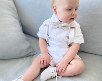 Boys white linen summer Baptism set with shirt, shorts, suspenders and bow tie, optional shoes, embroidery, cap, jacket, bunny.