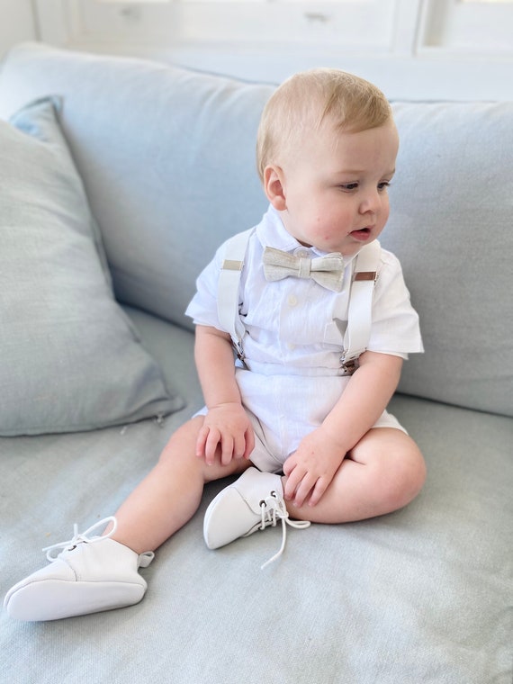 Boys White Linen Shirt With Shorts Suspenders and Bow Tie 