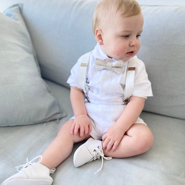 Boys white linen summer Baptism set with shirt, shorts, suspenders and bow tie, optional shoes, embroidery, cap, jacket, bunny.