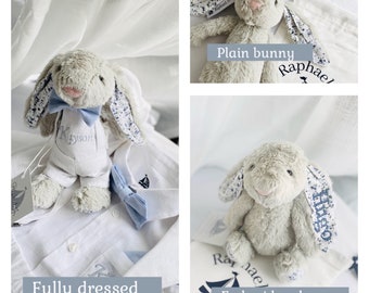 Grey fluffy christening bunny rabbit toy in little suit and bow tie to match babys outfit embroidery optional