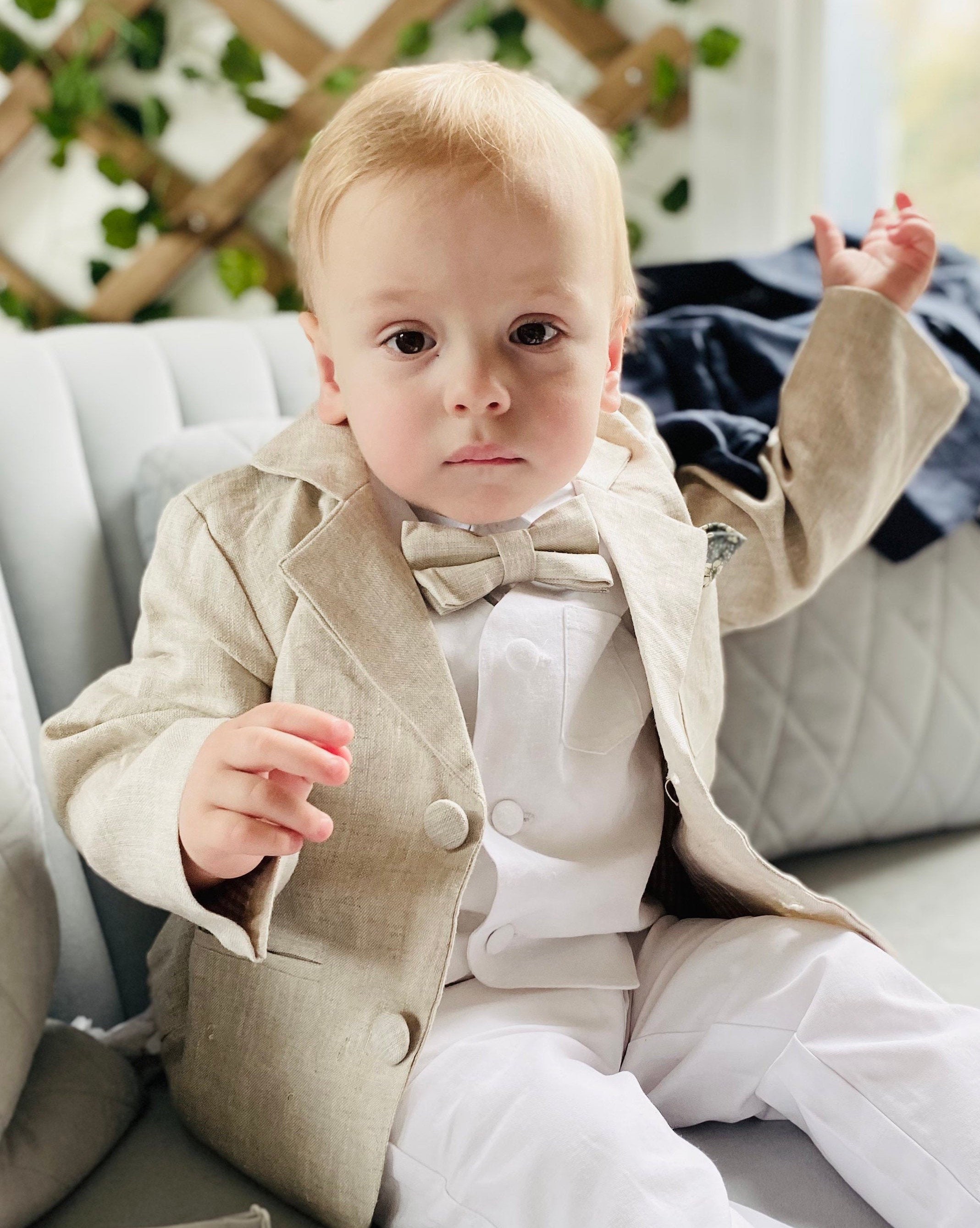 Giacca blazer in lino beige per bambini per battesimi e matrimoni Abbigliamento Abbigliamento bambino Completini papillon abbinato opzionale 