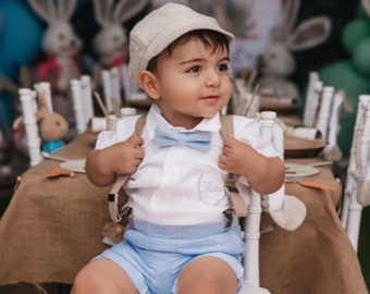 Boys blue and white Baptism birthday wedding outfit with white linen shirt, blue shorts, suspenders, bow tie and optional jacket, cap, shoe