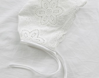 Baby white lace broderie anglais cap/bonnet for baptism christening