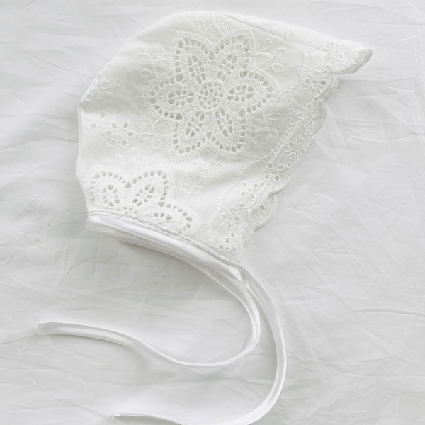 Baby white lace broderie anglais cap/bonnet for baptism christening