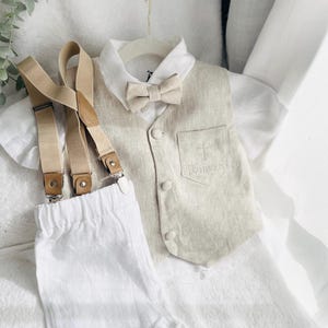 Boys white linen suit with shirt, pants or shorts, suspenders, beige vest, bow tie, embroidery and optional shoes, jacket, cap and bunny.