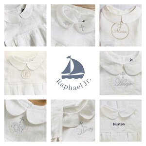 Linen Baptism peter pan collar romper outfit with optional embroidery customisation image 7