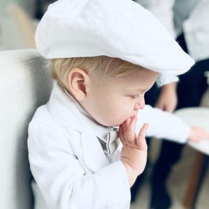 Baby boys white linen flat hat cap sizes 000-6 for baptism christening image 5