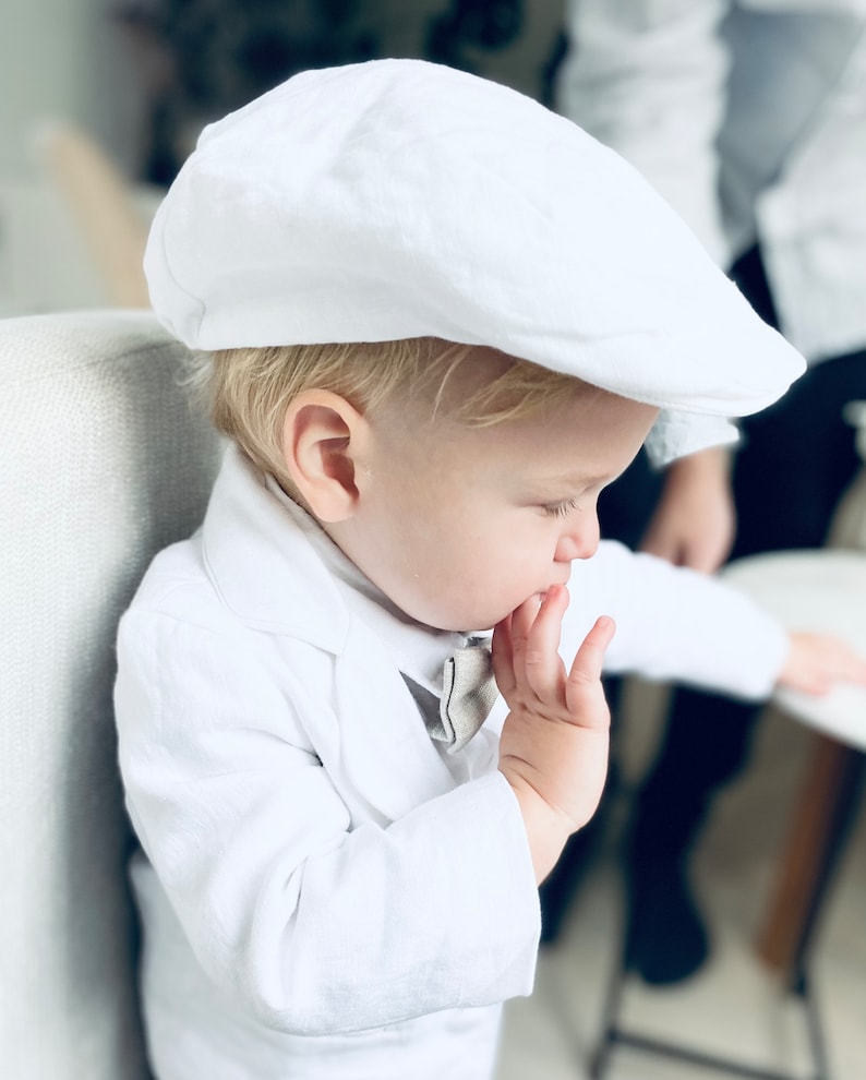 Baby boys white linen flat hat cap sizes 000-6 for baptism christening image 5