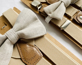 Men and children's beige linen suspenders and bow tie set