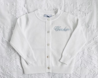 Baby boy or girl white christening baptism cardigan sweater with personalised embroidery monogram