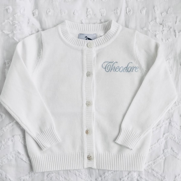 Baby boy or girl white christening baptism cardigan sweater with personalised embroidery monogram