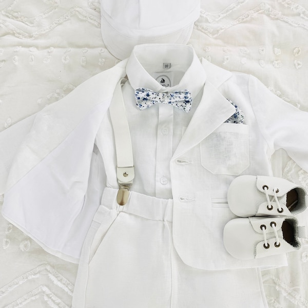 Boys white linen shirt, pants or shorts, suspenders and bow tie baptism christening outfit with optional jacket, shoes, hat, bunny