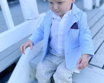 Boys pale blue jacket, white linen shirt, beige pants/shorts, suspenders and bow tie baptism outfit optional shoes