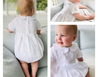 Linen Baptism peter pan collar romper outfit with optional embroidery customisation