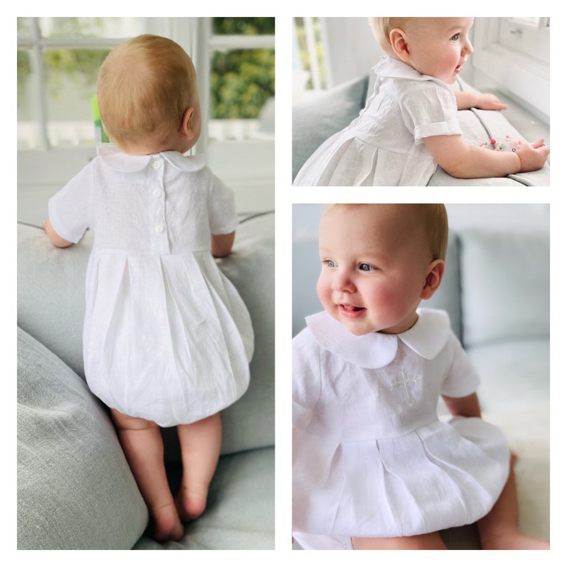 Linen Baptism peter pan collar romper outfit with optional embroidery customisation image 1