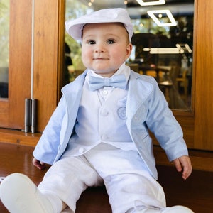 Boys Baptism suit with white linen shirt, vest, pants, suspenders, bow tie and optional embroidery, shoes, cap, jacket and bunny