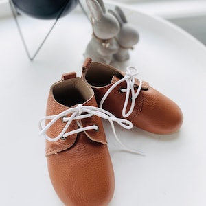 Genuine leather tan brown baby christening baptism wedding birthday shoes from 0-6m to 2 years.