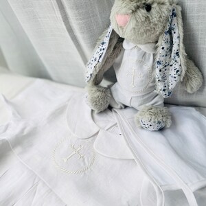 Linen Baptism peter pan collar romper outfit with optional embroidery customisation image 9
