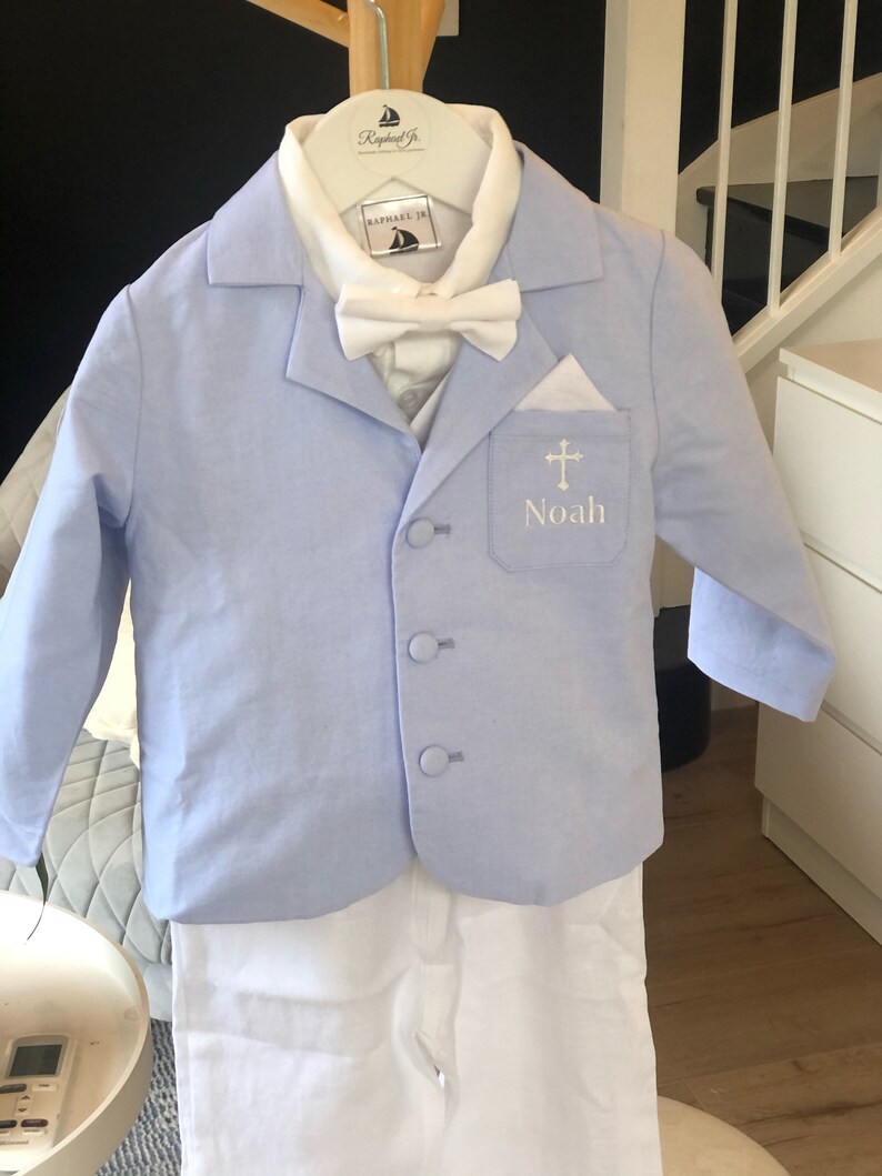 Boys baptism pants shoes and hat and Optional baby blue jacket suspenders bowtie wedding or birthday suit with white linen shirt