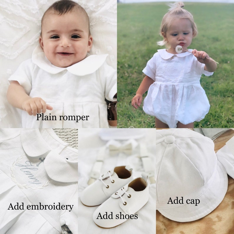 Linen Baptism peter pan collar romper outfit with optional embroidery customisation image 2
