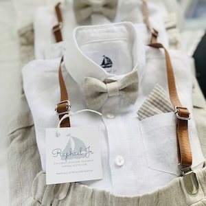 Boys white and beige linen set with beige pants/shorts, romper shirt, beige or tan suspenders, bow tie and optional hat, shoes, embroidery