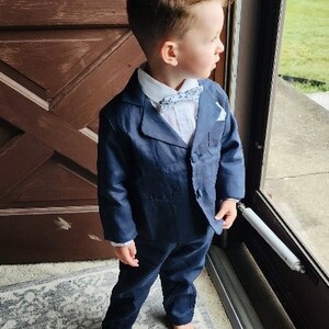 Boys navy blue linen suit with white shirt, navy blue bowtie and suspenders, shorts and Optional jacket, shoes and hat