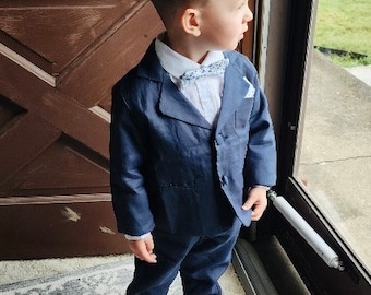 Boys navy blue linen suit with white shirt, navy blue bowtie and suspenders, shorts and Optional jacket, shoes and hat