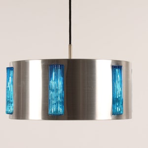 Scandinavian retro vintage Pendant made of aluminium with blue glass inserte in Jo Hammerborg style 1960s