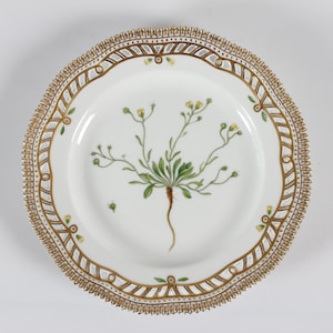 Op de afbeelding: Een wit porseleinen bord met een gouden rand en een delicaat bloemmotief in het midden. Het bloemmotief heeft een enkele stengel met kleine gele bloemen en groene bladeren.