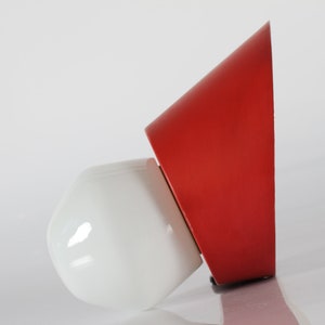 Bathroom Vintage Danish Wall Sconce in Bent Karlby style. Made in Danmark of Metal with Red lacquer + Globe of White Glass Mid Century 1950s