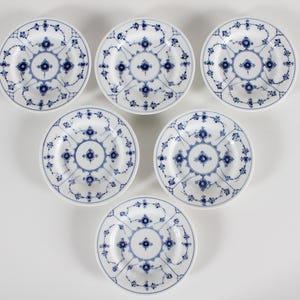 Royal Copenhagen Blue Fluted Plain Set of 6 Cake Plates No. 1/182. Antique Porcelain Hand-painted 1893-1922 in Copenhagen Denmark
