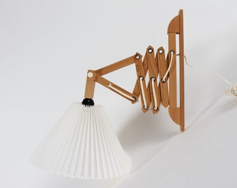 ON HOLD - Danish Vintage 1970s Wall Scissor / Accordion Extensible Lamp of Pine with Brass Fittings and Vintage Lamp Shade - style Le Klint