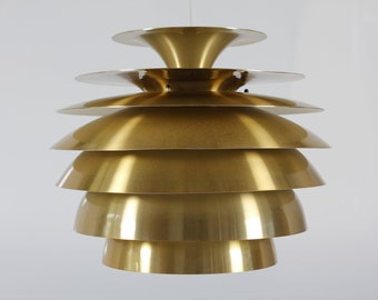 Artichoke and Snowball Pendant by Dema Denmark. Poul Henningesen Style with Shades of Brass and Metal with White Lacquer 1980s.