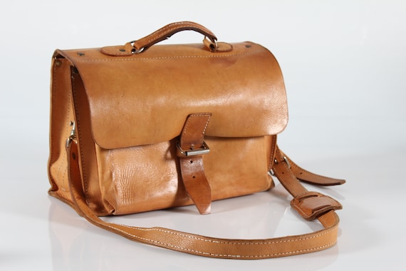 Danish vintage Shoulder School Bag of Cognac Colo… - image 1