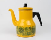 Kaj Franck Arabia Finel line enamel Yellow Coffepot / Kettlel with green flowers - Finland mid century