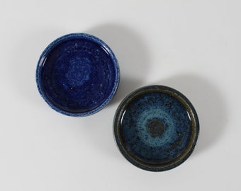 Set of 2 Small Palshus Stoneware Serving Dishes Low Bowls by Anne Lise and Per Linnemann-Schmidt APLS Denmark with Blue + Green Glaze 1960s