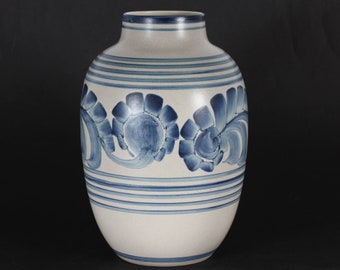 Large Floor Vase by Danish Aksel Sigvald Nielsen AKSINI decorated with Blue Flowers and Stripes in Denmark Mid-century. Height 35 cm